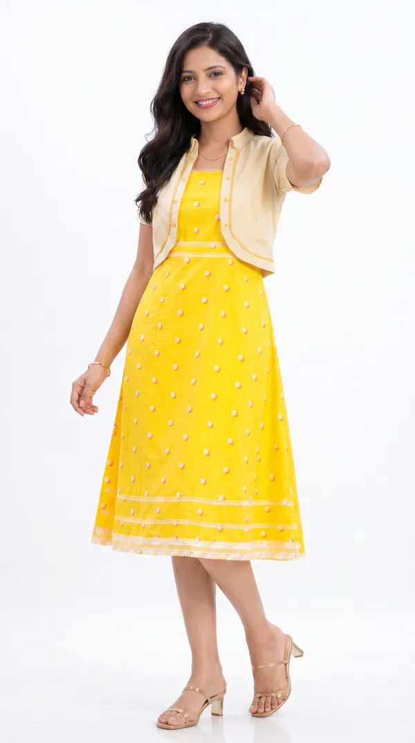Yellow_And_Cream_Cotton_Lycra_Embroidered_Fit_&_Flare_Dress_With_Shrug_For_Women