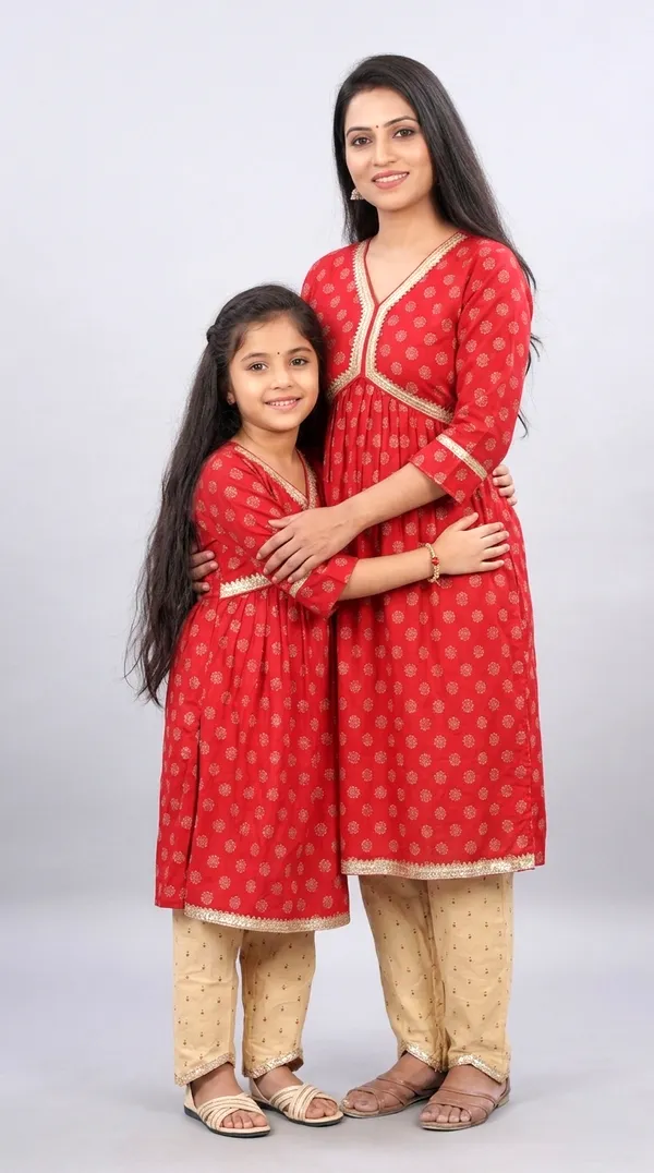 Red_And_Beige_Cotton_Printed_Flared_Kurta_Set_For_Women_&_Girls_Pack_Of_2