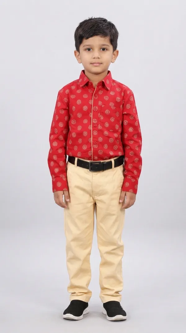 Red_And_Beige_Cotton_Printed_Shirt_&_Beige_Pant_Set_For_Boys