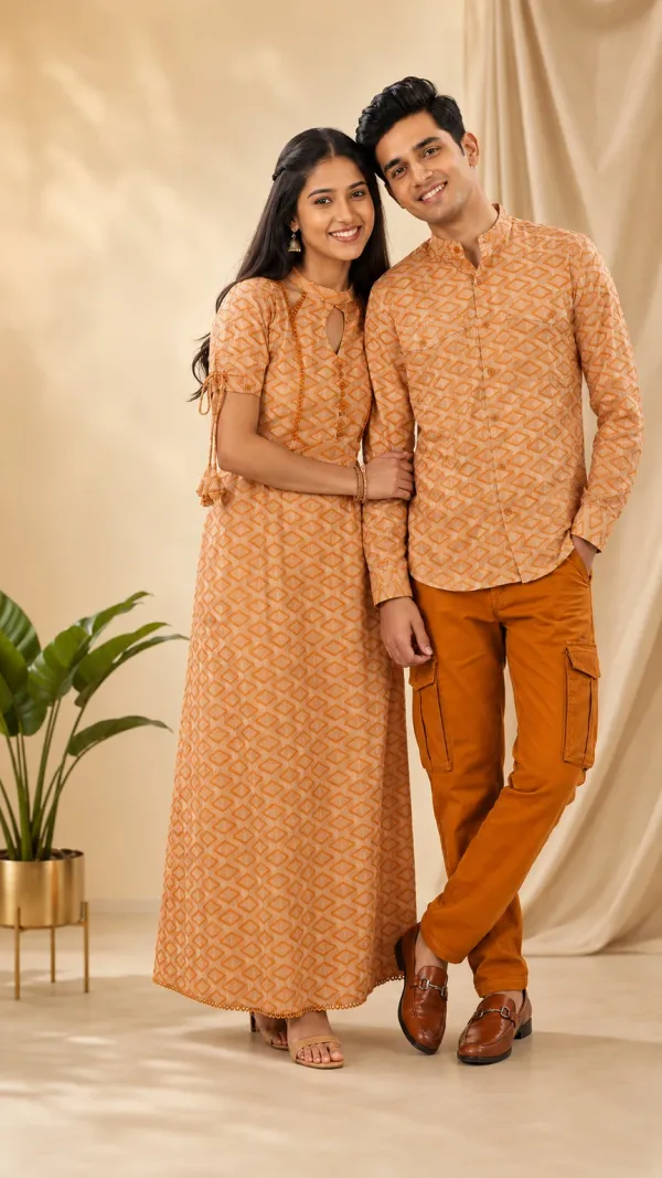 Brown_And_Orange_Cotton_Lycra_Polka_Dot_Printed_Couple_Kurta_Set_Pack_Of_2