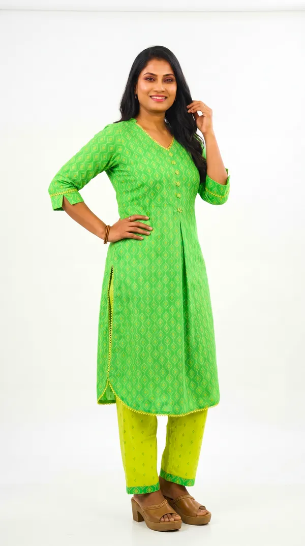 Green_Cotton_Lycra_Printed_A-Line_Kurta_Set_With_Yellow_Pants_For_Women