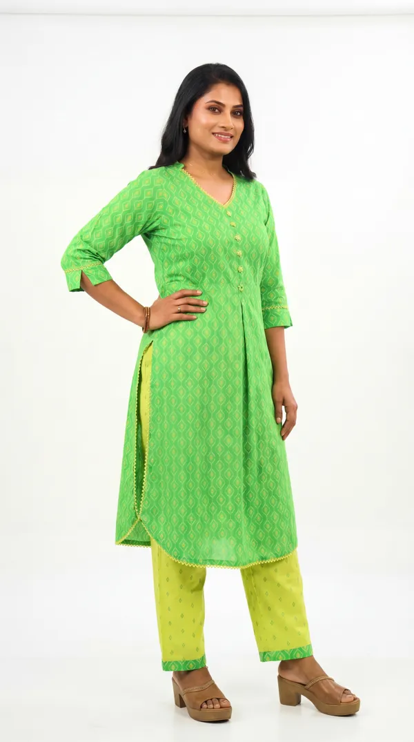 Green_Cotton_Lycra_Printed_A-Line_Kurta_Set_With_Yellow_Pants_For_Women