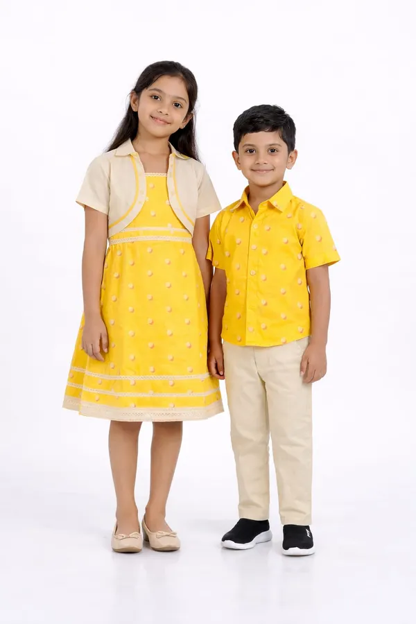 Yellow_And_Cream_Cotton_Polka_Dot_Dress_&_Shirt_Pant_Sibling_Set_Pack_Of_2