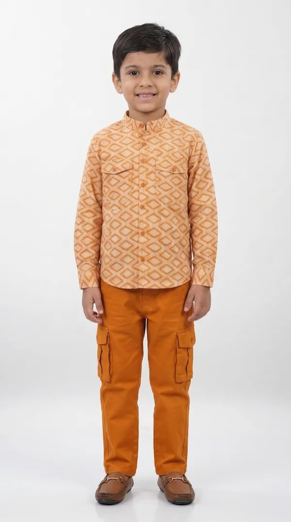 Brown_And_Orange_Cotton_Geometric_Print_Shirt_&_Cargo_Pant_Set_For_Boys