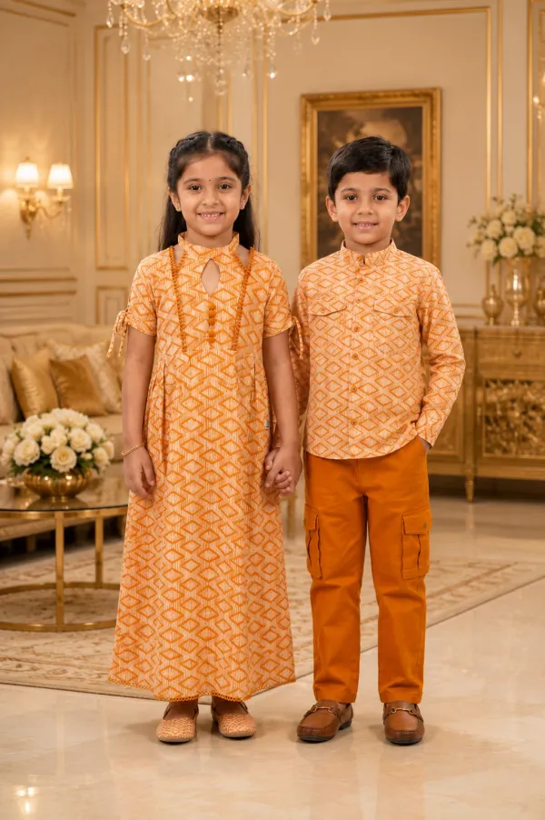 Brown_And_Orange_Cotton_Lycra_Polka_Dot_Sibling_Dress_And_Shirt_Set_For_Boy_And_Girl_Pack_Of_2