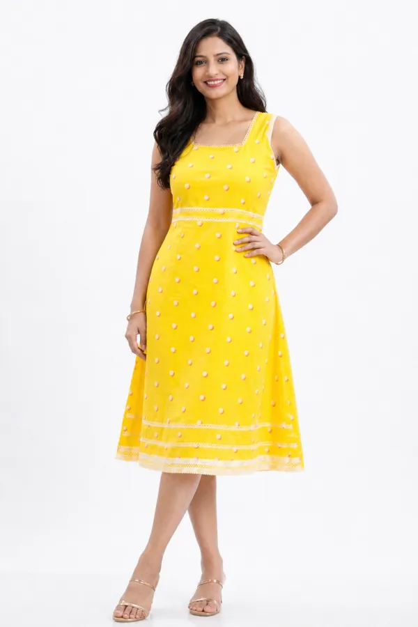 Yellow_And_Cream_Cotton_Lycra_Embroidered_Fit_&_Flare_Dress_With_Shrug_For_Women