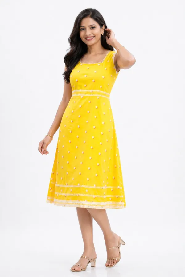 Yellow_And_Cream_Cotton_Lycra_Embroidered_Fit_&_Flare_Dress_With_Shrug_For_Women