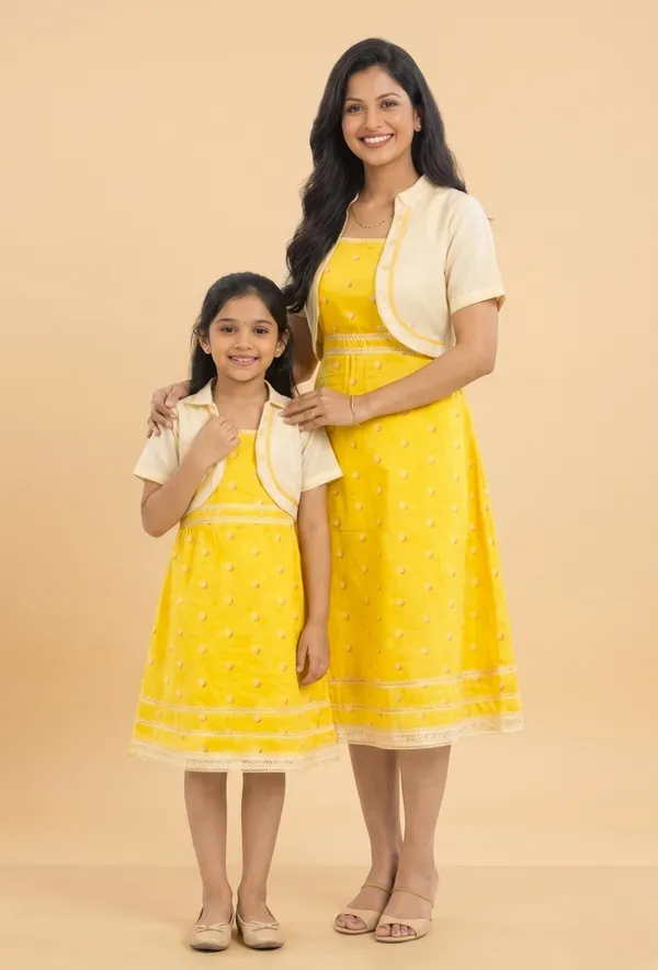 Yellow_And_Cream_Cotton_Embroidered_A-Line_Dress_Mother_Daughter_Set_Pack_Of_2