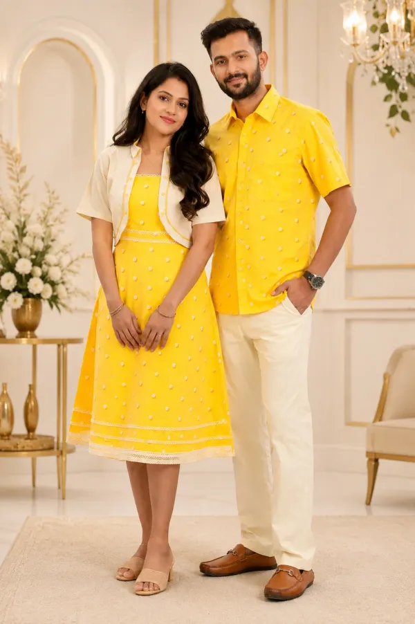 Yellow_And_Cream_Cotton_Lycra_Polka_Dot_Matching_Dress_And_Shirt_Pant_Set_For_Couples_Pack_Of_2