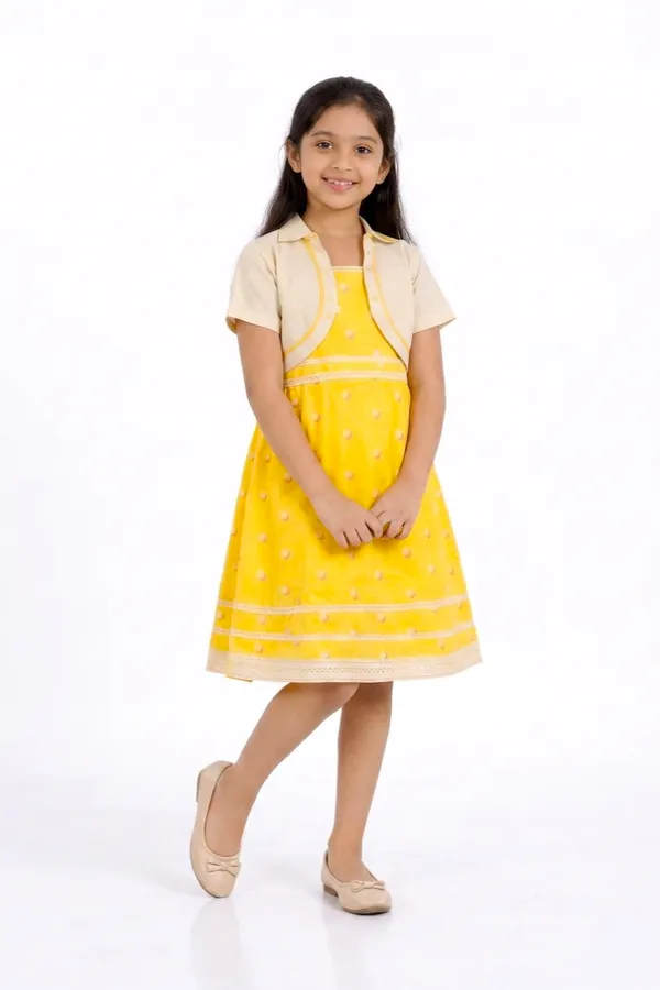 Yellow_And_Cream_Cotton_Lycra_Polka_Dot_Dress_With_Beige_Shrug_For_Girls