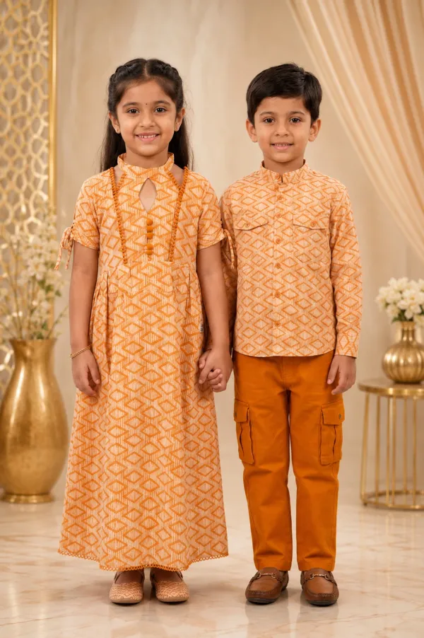 Brown_And_Orange_Cotton_Lycra_Polka_Dot_Sibling_Dress_And_Shirt_Set_For_Boy_And_Girl_Pack_Of_2