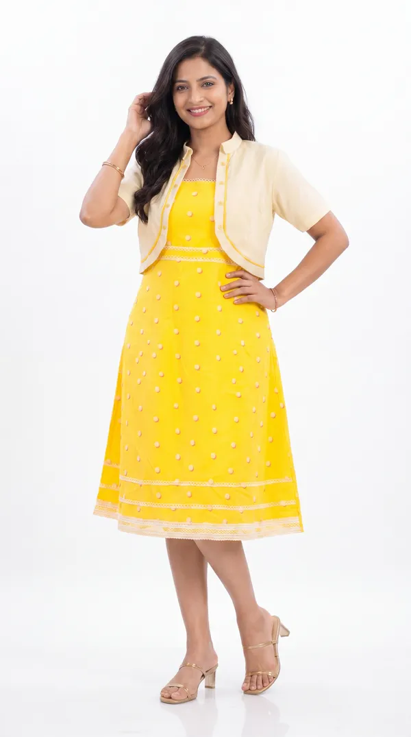 Yellow_And_Cream_Cotton_Lycra_Embroidered_Fit_&_Flare_Dress_With_Shrug_For_Women