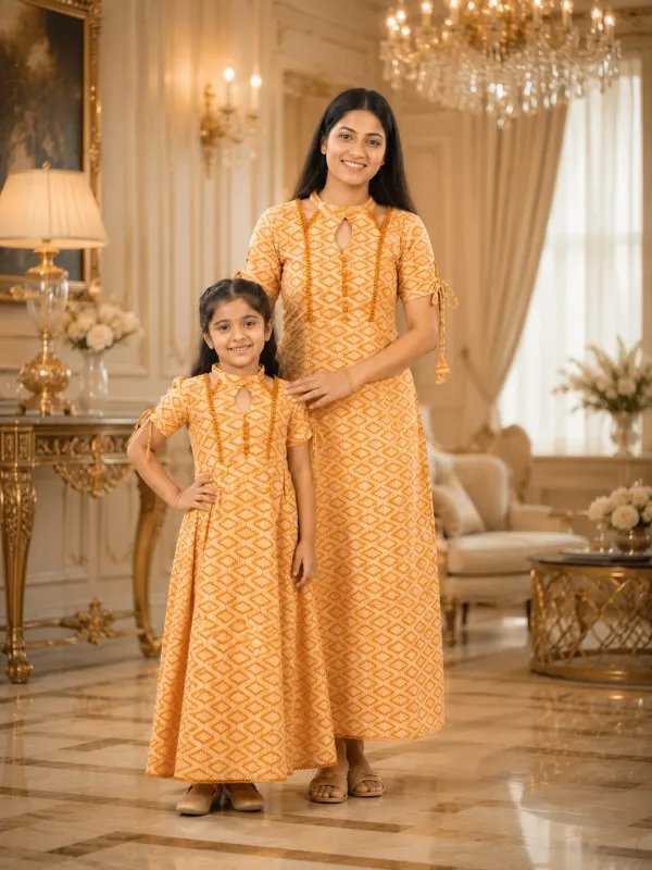 Brown_And_Orange_Cotton_Printed_Anarkali_Dress_For_Women_&_Girls_Pack_Of_2