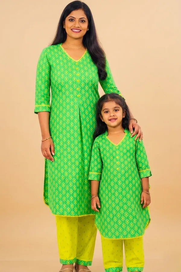 Green_And_Yellow_Cotton_Printed_Kurta_Set_For_Girls_Pack_Of_2