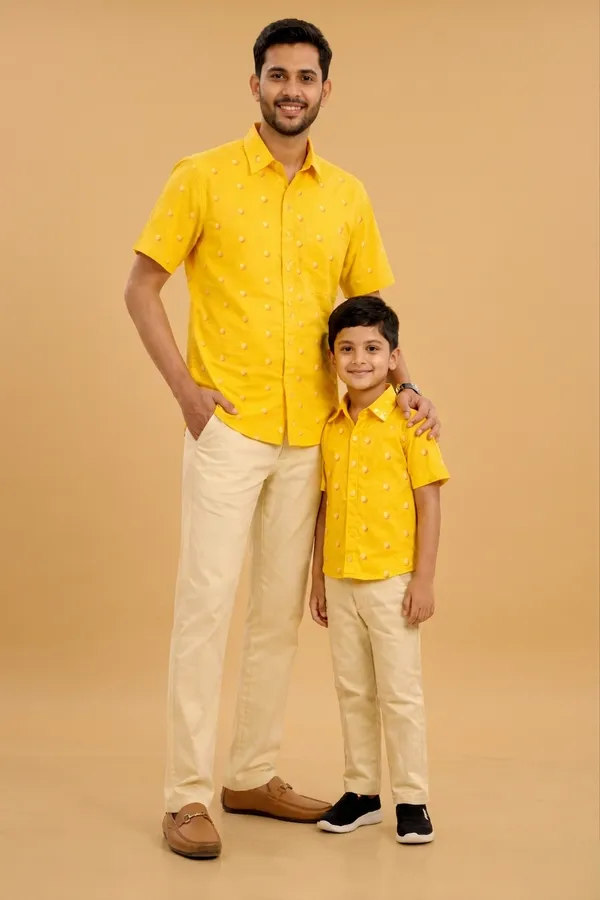 Yellow_And_Beige_Cotton_Printed_Shirt_&_Pant_Father_Son_Set_Pack_Of_2