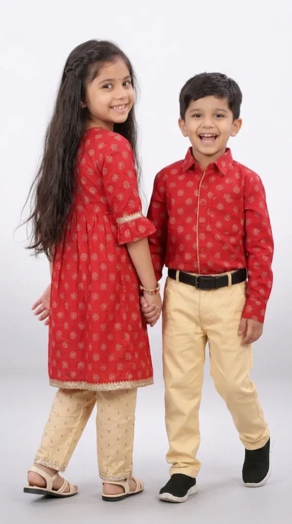 Red_And_Beige_Cotton_Block_Print_Dress_&_Shirt_Pant_Sibling_Set_Pack_Of_2