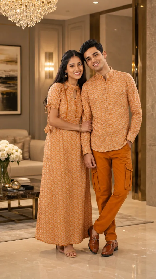 Brown_And_Orange_Cotton_Lycra_Polka_Dot_Printed_Couple_Kurta_Set_Pack_Of_2