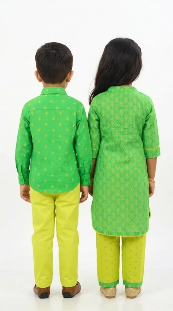Green_And_Yellow_Cotton_Printed_Kurta_Set_&_Shirt_Pant_Sibling_Set_Pack_Of_2