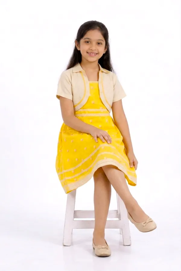 Yellow_And_Cream_Cotton_Lycra_Polka_Dot_Dress_With_Beige_Shrug_For_Girls
