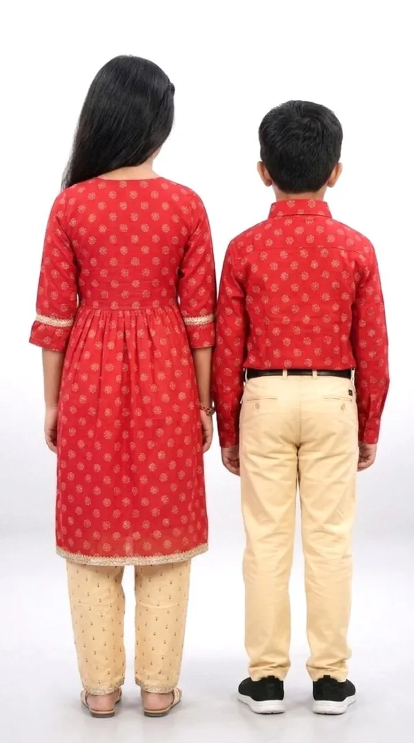 Red_And_Beige_Cotton_Block_Print_Dress_&_Shirt_Pant_Sibling_Set_Pack_Of_2