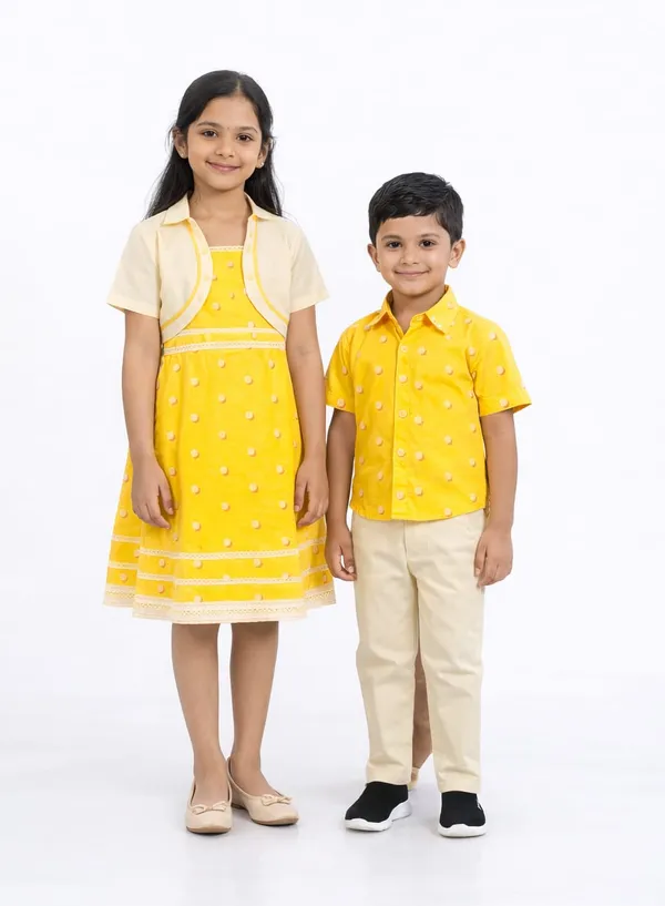 Yellow_And_Cream_Cotton_Polka_Dot_Dress_&_Shirt_Pant_Sibling_Set_Pack_Of_2