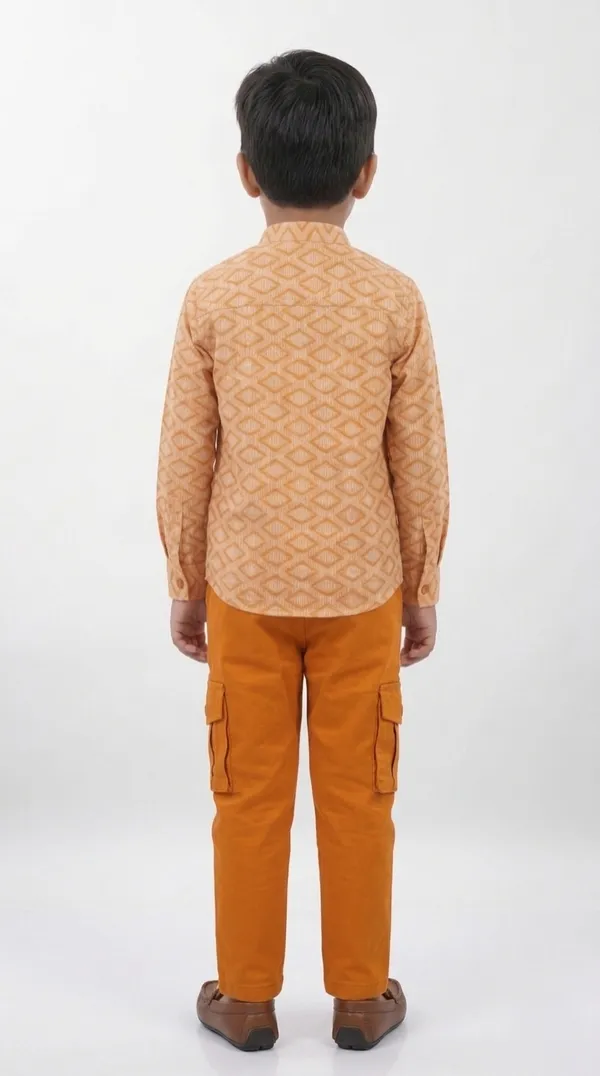 Brown_And_Orange_Cotton_Geometric_Print_Shirt_&_Cargo_Pant_Set_For_Boys