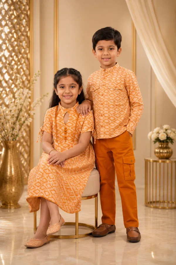 Brown_And_Orange_Cotton_Lycra_Polka_Dot_Sibling_Dress_And_Shirt_Set_For_Boy_And_Girl_Pack_Of_2