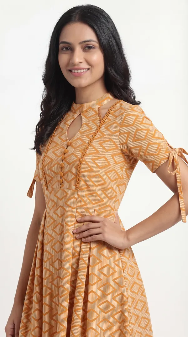 Brown_Cotton_Geometric_Print_Keyhole_Neck_Anarkali_Kurta_For_Women