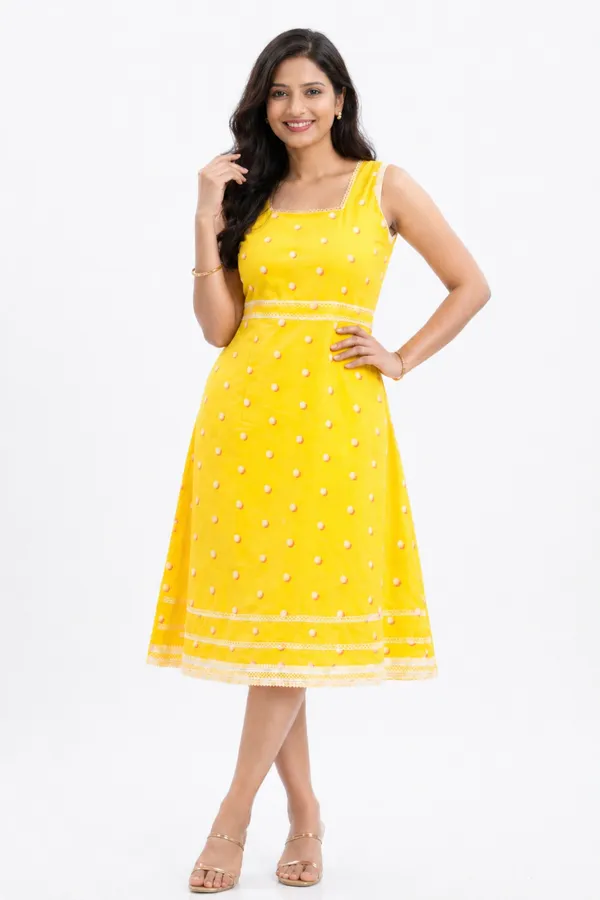 Yellow_And_Cream_Cotton_Lycra_Embroidered_Fit_&_Flare_Dress_With_Shrug_For_Women