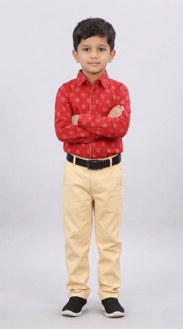 Red_And_Beige_Cotton_Printed_Shirt_&_Beige_Pant_Set_For_Boys