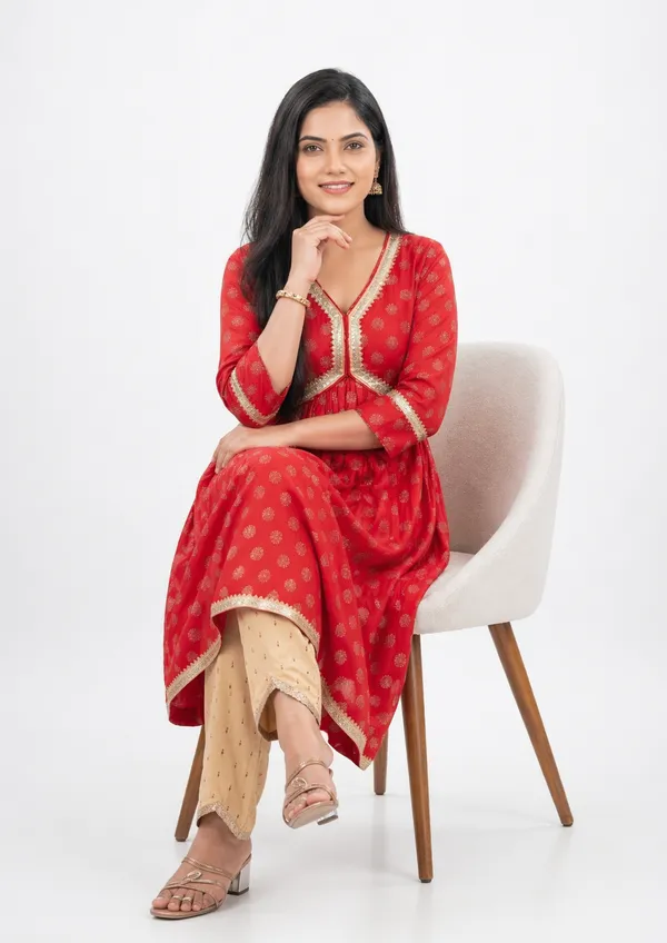 Red_Cotton_Lycra_Anarkali_Kurta_Set_With_Beige_Pants_For_Women