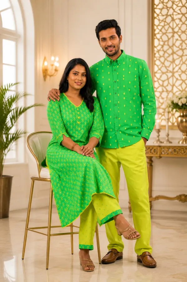 Green_And_Yellow_Cotton_Lycra_Polka_Dot_Printed_Couple_Kurta_Set_Pack_Of_2