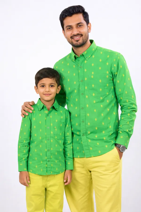 Green_And_Yellow_Cotton_Geometric_Print_Shirt_&_Pant_Father_Son_Set_Pack_Of_2