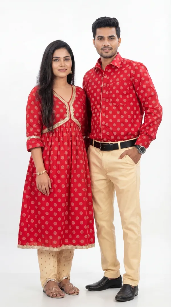 Red_And_Beige_Cotton_Printed_Anarkali_Kurta_&_Shirt_Pant_Couple_Set_Pack_Of_2