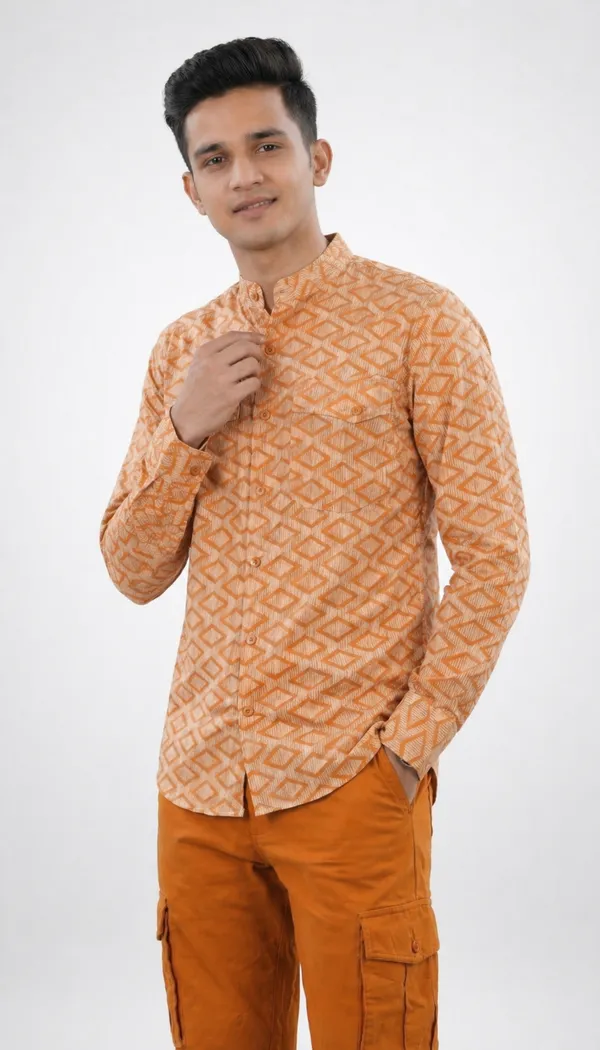 Brown_And_Orange_Cotton_Mandarin_Collar_Geometric_Print_Shirt_Pant_Set_For_Men