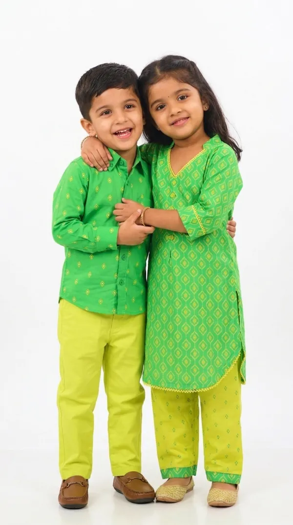 Green_And_Yellow_Cotton_Printed_Kurta_Set_&_Shirt_Pant_Sibling_Set_Pack_Of_2