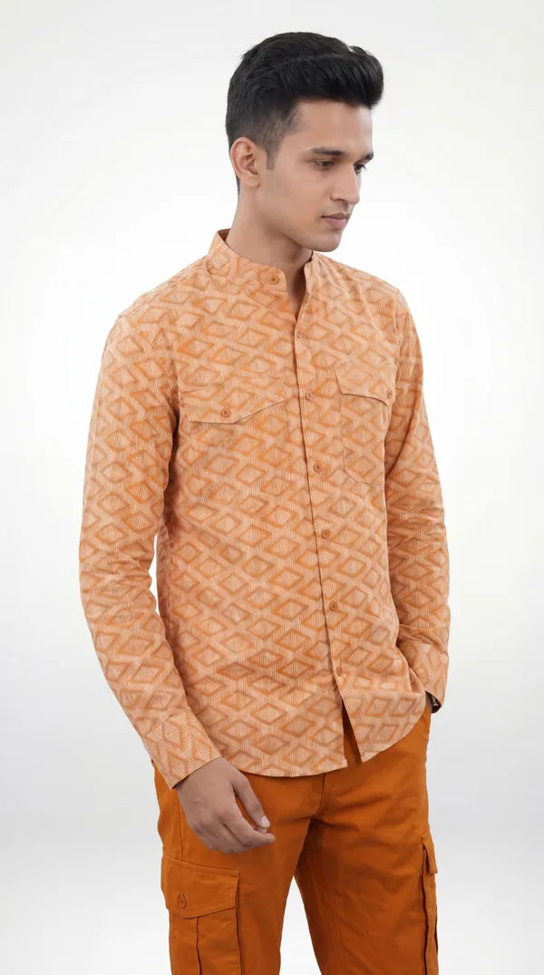 Brown_And_Orange_Cotton_Mandarin_Collar_Geometric_Print_Shirt_Pant_Set_For_Men