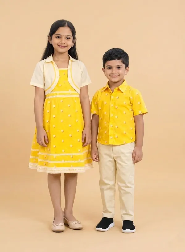 Yellow_And_Cream_Cotton_Polka_Dot_Dress_&_Shirt_Pant_Sibling_Set_Pack_Of_2