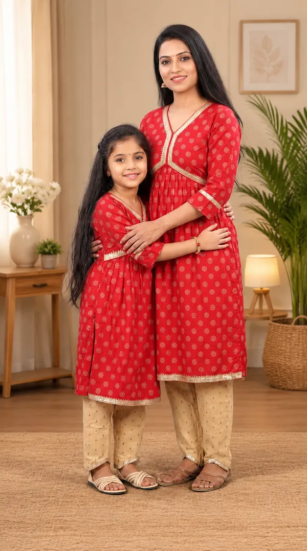 Red_And_Beige_Cotton_Printed_Flared_Kurta_Set_For_Women_&_Girls_Pack_Of_2