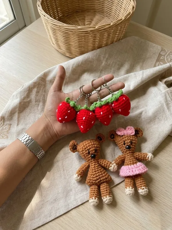 Handmade_Crochet_Strawberry_Keychains_Set_of_6_And_Handmade_Crochet_Teddy_Bear_Pair_-_Boy_and_Girl_Set_Pack_Of_5