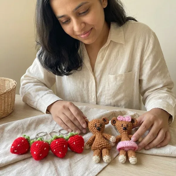 Handmade_Crochet_Strawberry_Keychains_Set_of_6_And_Handmade_Crochet_Teddy_Bear_Pair_-_Boy_and_Girl_Set_Pack_Of_5