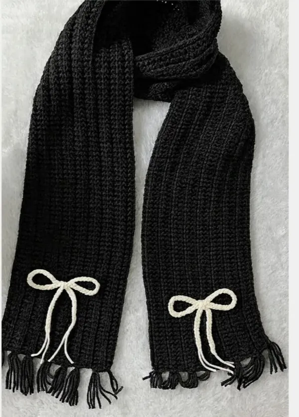 Black_Knitted_Scarf_with_White_Bow_Detail_and_Fringes