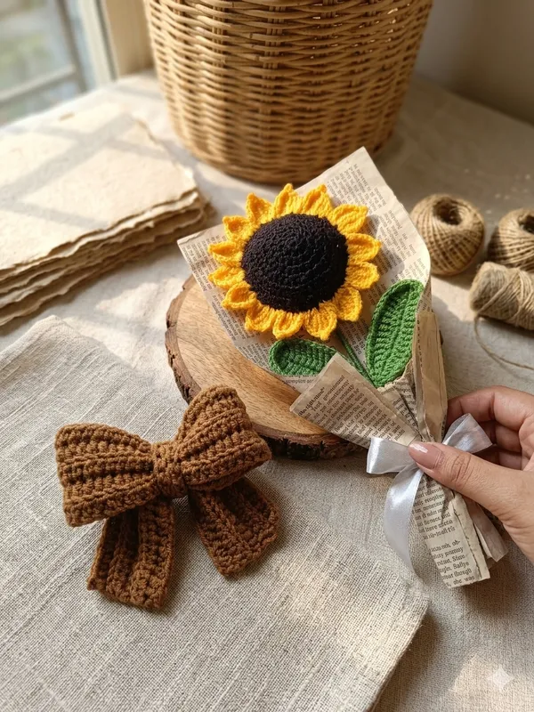 Handcrafted_Knitted_Bow_Beanie_for_Babies_and_Kids_Warm_Winter_Cap_with_Adorable_Bow_Design_And_Handmade_Crochet_Sunflower_Bouquet_with_Newspaper_Wrapping_Pack_of_2