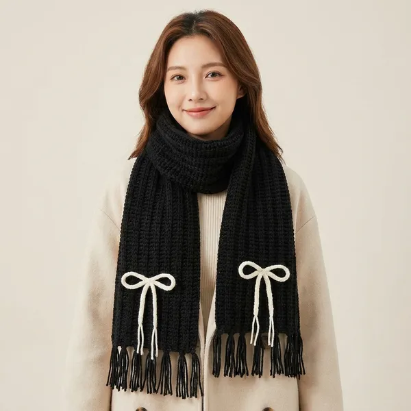 Black_Knitted_Scarf_with_White_Bow_Detail_and_Fringes