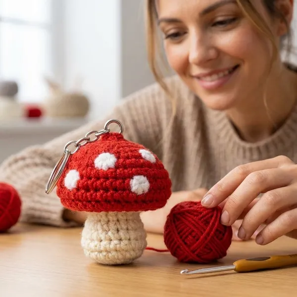Handmade_Crochet_Mushroom_Keychain_-_Red_with_White_Spots
