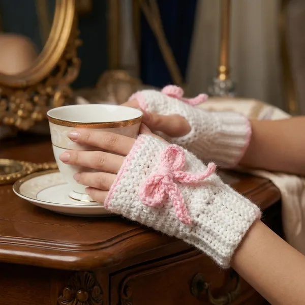 The_Royal_Paw:_Princess_Gloves_-_White_Crochet_Fingerless_Gloves_with_Pink_Bow