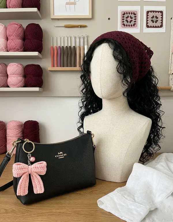 Cute_Pink_Bow_Keychain_Soft_Knitted_Bag_Charm_with_Metal_Ring_and_Bead_And_Crochet_Slouchy_Beanie_Hat_Maroon_Pack_Of_2