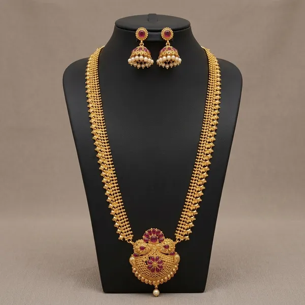 Gold_Micro_Polish_Purple_Stone_Traditional_Long_Haar_Necklace_Set_For_Women