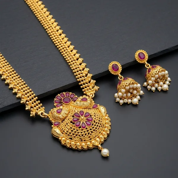 Gold_Micro_Polish_Purple_Stone_Traditional_Long_Haar_Necklace_Set_For_Women