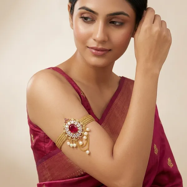 Gold_Micro_Polish_Cz_Ruby_Pearl_Traditional_Bajuband_Armlet_For_Women